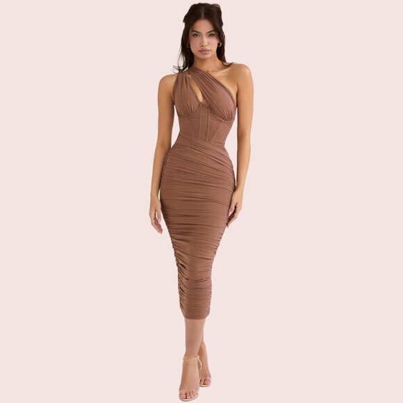 NEW House of CB Valentina Mocha Asymmetric Midi Dress, Size Small - Picture 2 of 10